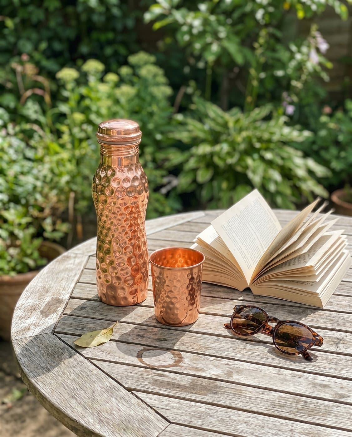 The curved copper bottle and a copper cup on a garden table on a summer afternoon