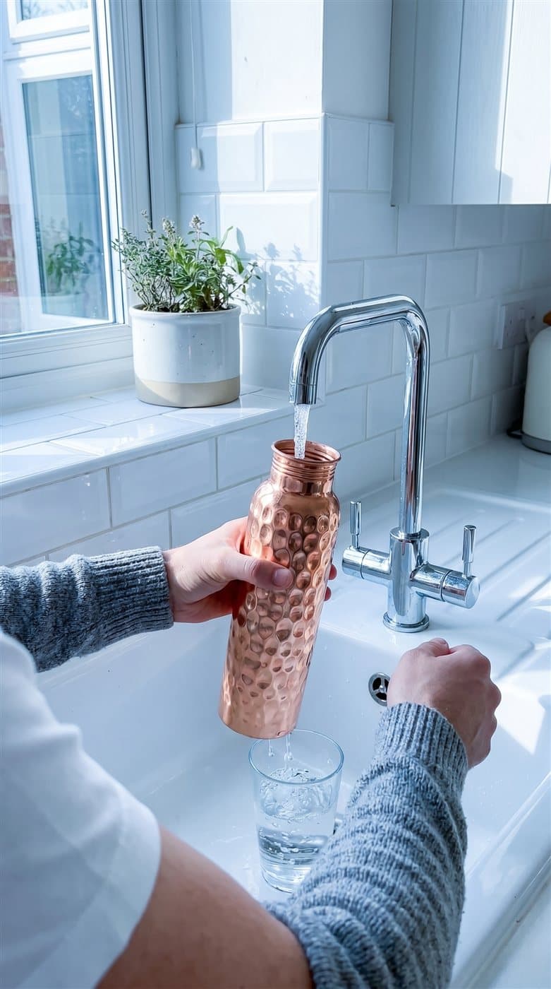Filling the copper water bottle at the kitchen tap in cool morning light